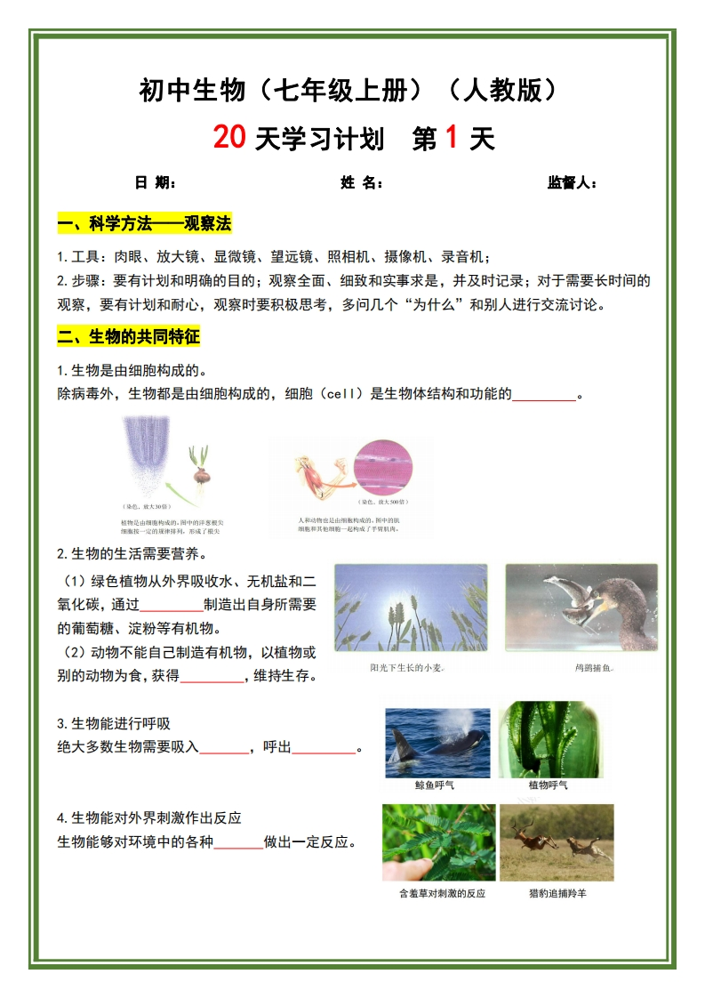 【七上生物人教版】2024秋季新版-20天学习计划（40页）-学行智库