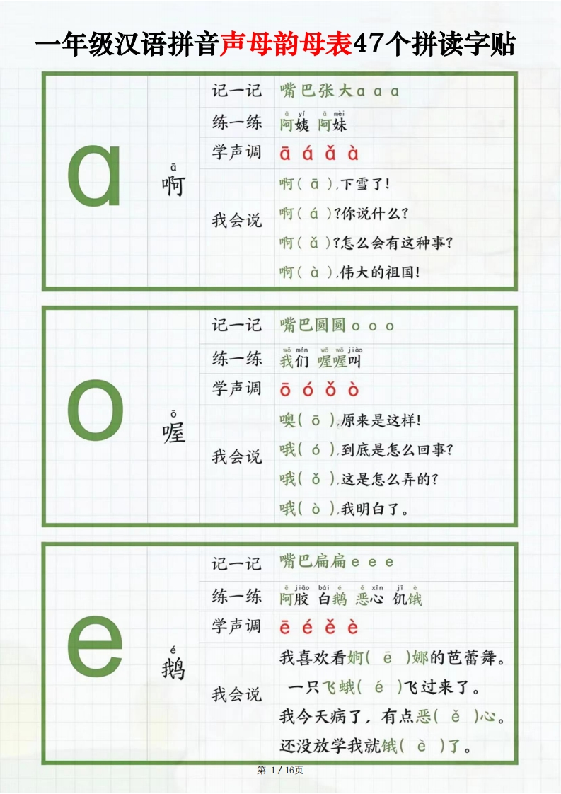 一年级语文上册《汉语拼音声母韵母表47个拼读字贴》（16页）-学行智库