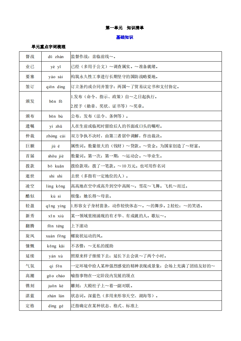 八上语文第一单元-知识清单-学行智库