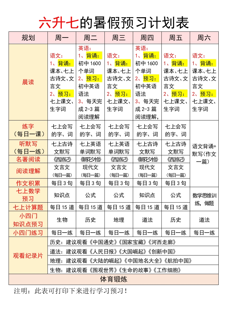 六升七暑假预习计划表-学行智库
