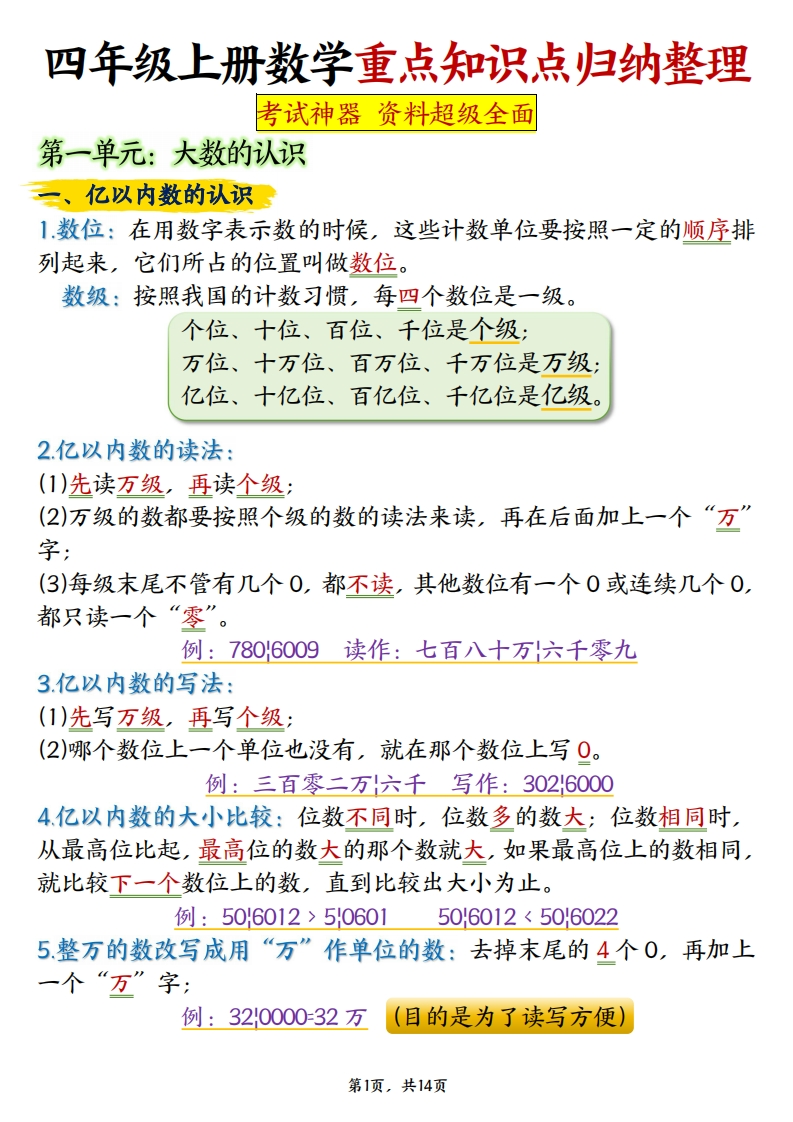 四上数学重点知识点归纳整理（14页）-学思阁