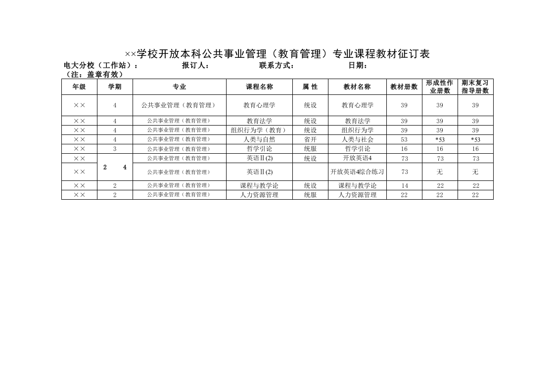 学校开放本科公共事业管理（管理）专业课程材征订表-星星万能库