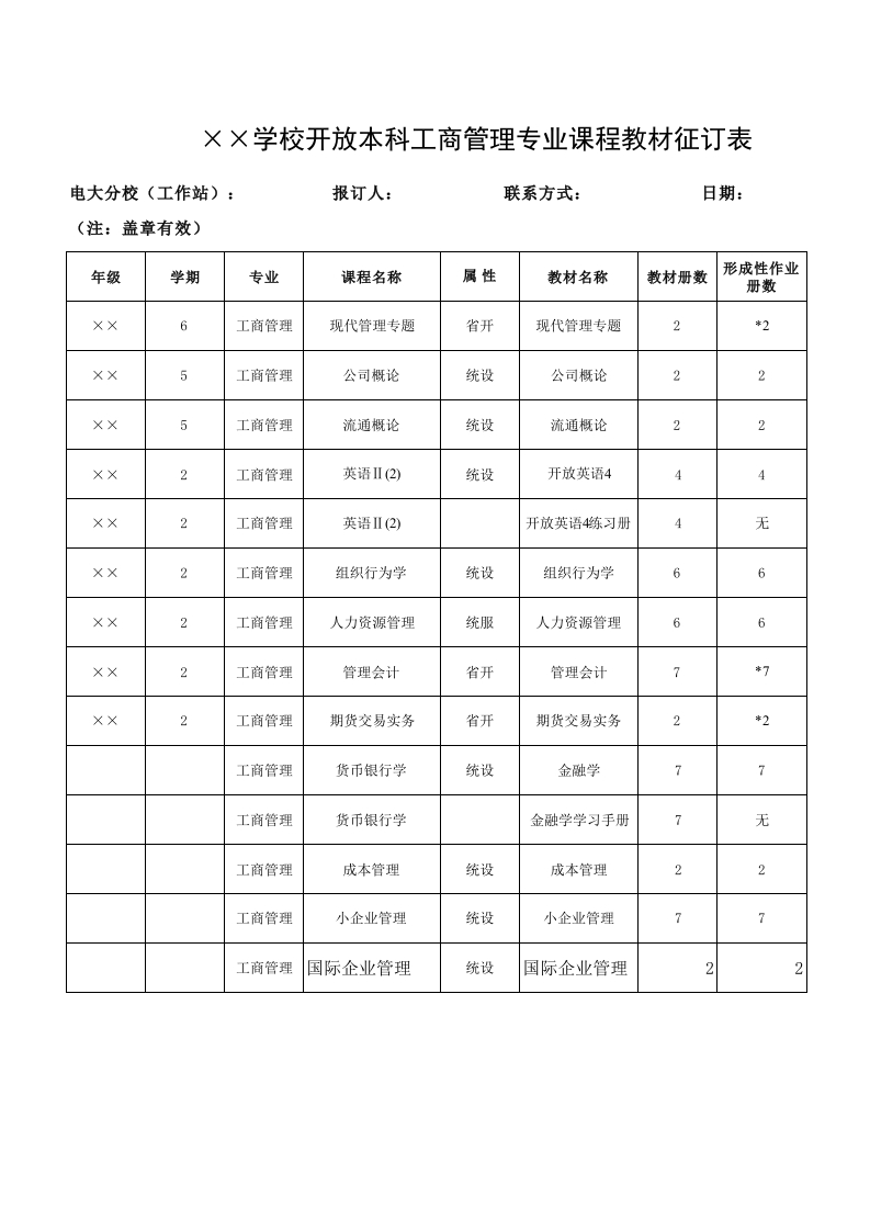 学校开放本科工商管理专业课程材征订表-星星万能库