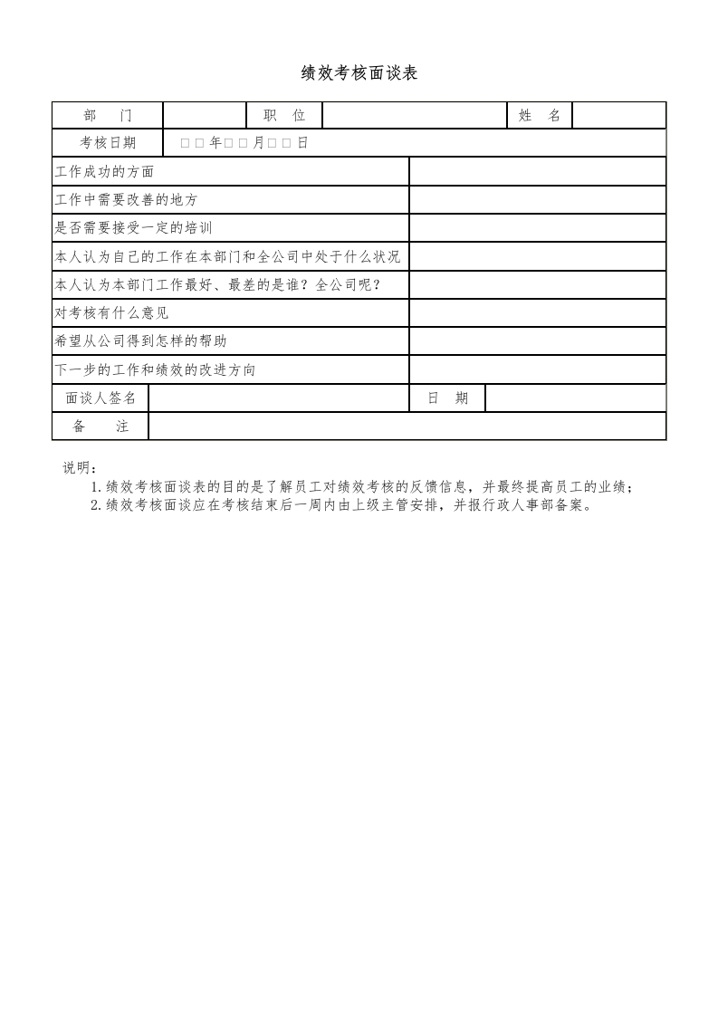 绩效考核面谈表-星星万能库