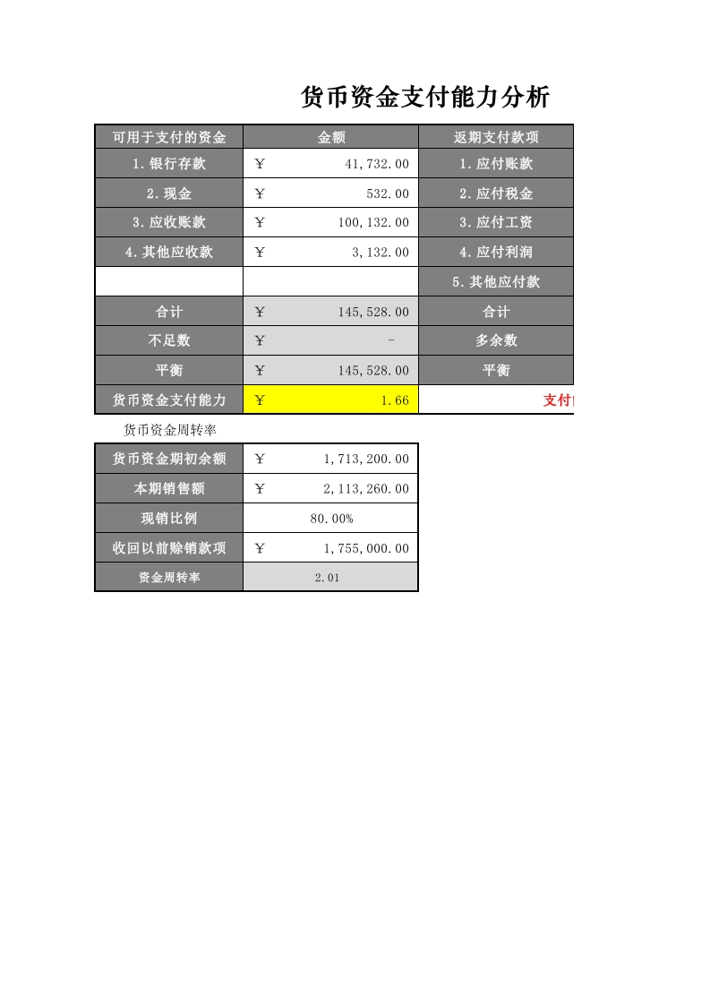 货币资金支付能力分析表-星星万能库