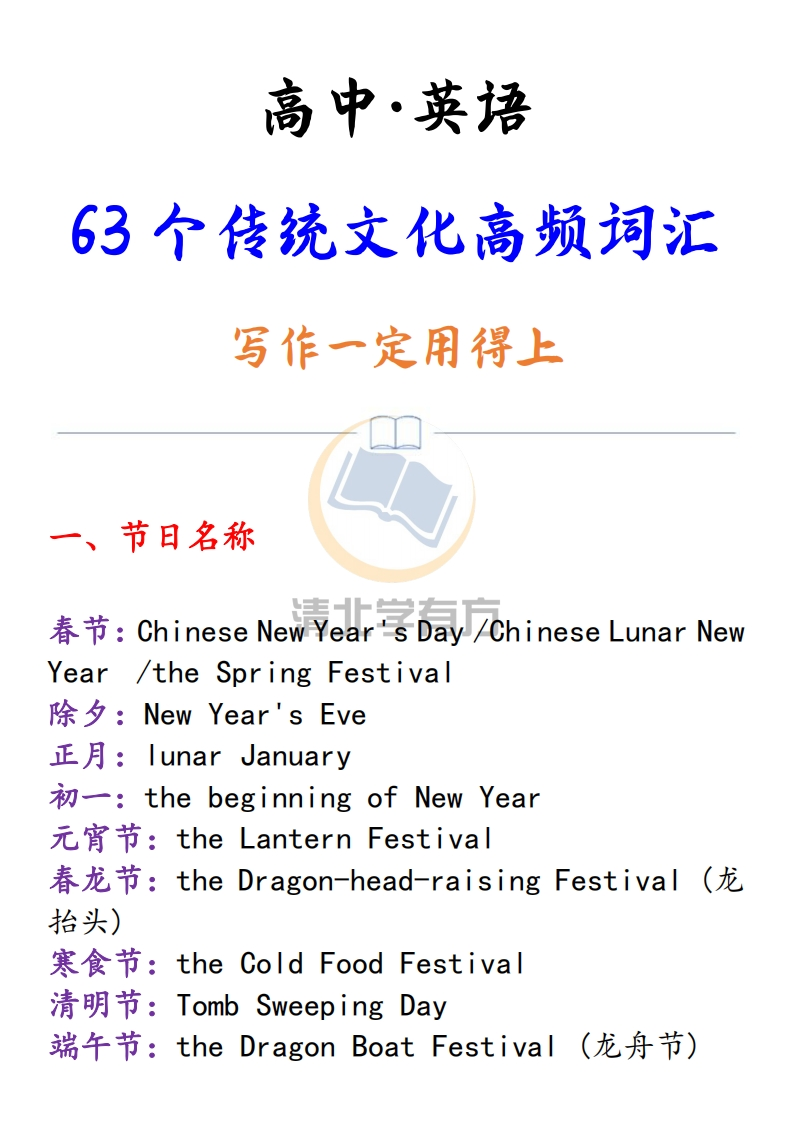 高中英语63个传统文化高频词汇，高中英语写作一定用得上-学行智库